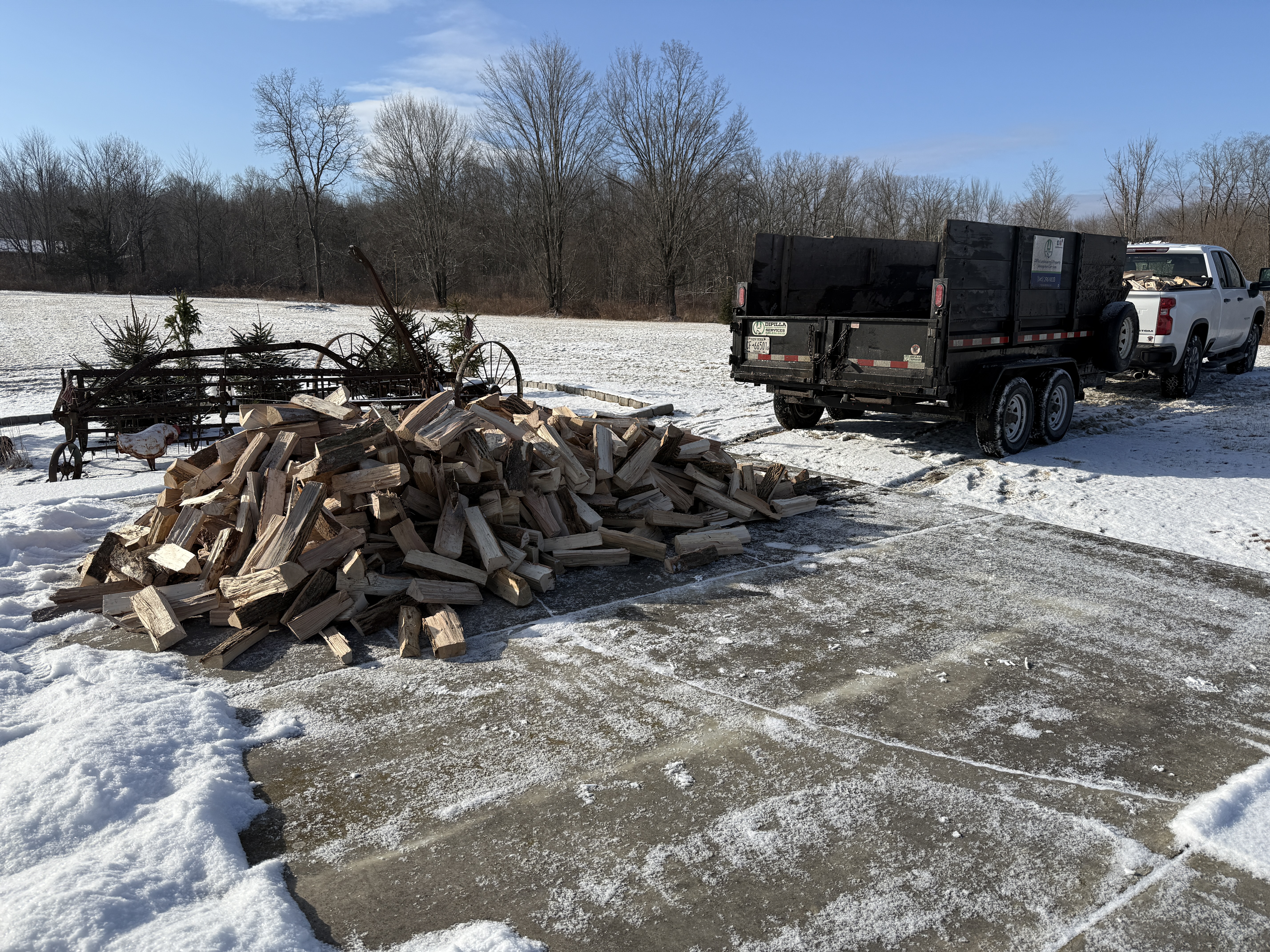 A clean, modern outdoor firewood storage area featuring multiple orderly rows of stacked hardwood logs, each log showcasing smooth split faces and textured bark. The stacks are aligned beside a simple metal sign panel that leaves space for a logo to be overlaid later, all set against a backdrop of leafy New York woodland typical of Westbrookville. Gentle overcast daylight provides even, diffused illumination with minimal harsh shadows, emphasizing the natural color variations in the wood. Captured from a wide-angle, slightly elevated perspective to show scale and organization, with crisp, photographic realism. The atmosphere feels dependable and businesslike, suitable for a professional firewood company homepage hero image.