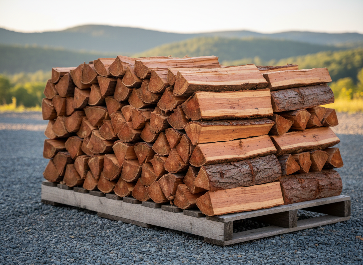 A neatly stacked cord of seasoned firewood with rich orange and deep brown tones, each split log showing distinct grain patterns and clean cut edges, arranged on a sturdy wooden pallet. The stack sits in a tidy gravel yard in Westbrookville, New York, with a subtle blurred hint of forested hills in the distance. Soft late afternoon natural light creates warm highlights along the edges of the logs and gentle shadows between them. Photographed at eye level with a slight three-quarter angle and sharp focus on the front row of wood, the background softly receding. The mood is professional and reliable, conveying quality firewood supply with realistic, modern photographic detail.