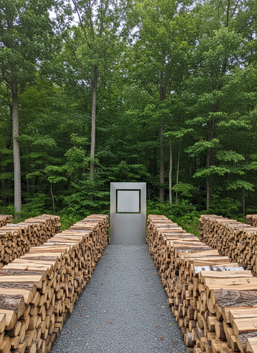 A clean, modern outdoor firewood storage area featuring multiple orderly rows of stacked hardwood logs, each log showcasing smooth split faces and textured bark. The stacks are aligned beside a simple metal sign panel that leaves space for a logo to be overlaid later, all set against a backdrop of leafy New York woodland typical of Westbrookville. Gentle overcast daylight provides even, diffused illumination with minimal harsh shadows, emphasizing the natural color variations in the wood. Captured from a wide-angle, slightly elevated perspective to show scale and organization, with crisp, photographic realism. The atmosphere feels dependable and businesslike, suitable for a professional firewood company homepage hero image.