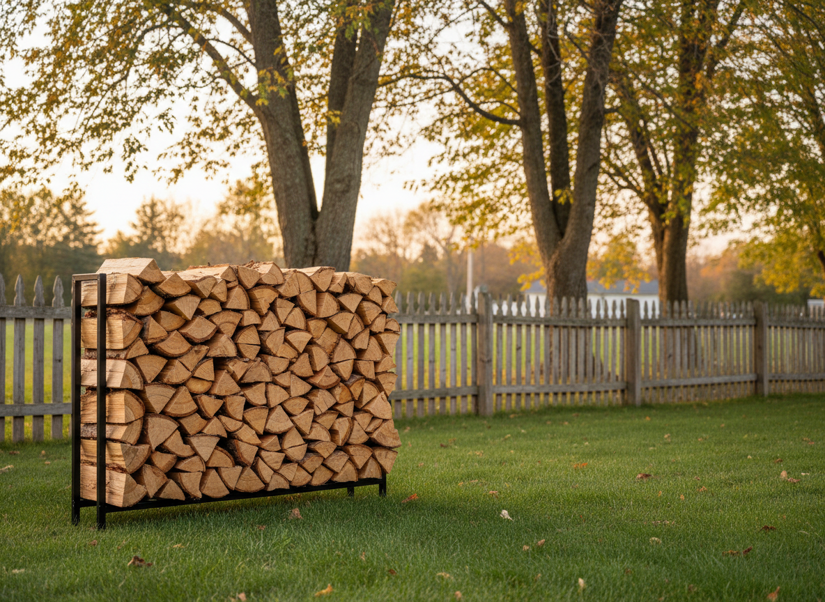A tidy residential backyard scene in upstate New York featuring a compact, well-stacked firewood pile under a simple black metal rack, clearly supplied as a professional delivery. The logs are uniform in length, with cleanly split faces and a mix of light tan and darker brown tones. Behind the rack, a modest wooden fence and a few mature trees place the setting in Westbrookville’s rural environment. Soft golden hour sunlight filters through branches, casting warm light across the wood and creating elongated, gentle shadows on the grass. Framed at an eye-level angle with the wood rack on the rule of thirds, the image has realistic photographic clarity and a calm, inviting atmosphere that emphasizes reliability and home comfort.