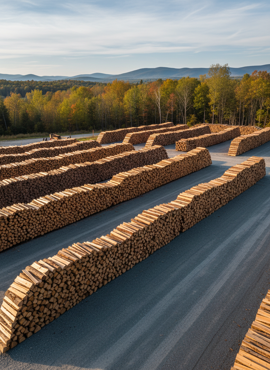 A wide, panoramic view of a meticulously organized firewood yard in Westbrookville, New York, with multiple large stacks of seasoned wood arranged in long, parallel rows. Each row features consistent log length and neatly aligned edges, suggesting a well-run operation. The ground is compacted gravel with faint tire tracks, and a distant tree line and low hills frame the horizon. Soft late afternoon sun casts long, gentle shadows between the rows, adding depth and structure while emphasizing the warm colors of the wood. Photographed with a wide-angle lens at a slightly elevated vantage point, the entire scene is in sharp focus. The mood is confidently professional and efficient, perfectly suited for an About or Services page hero image.
