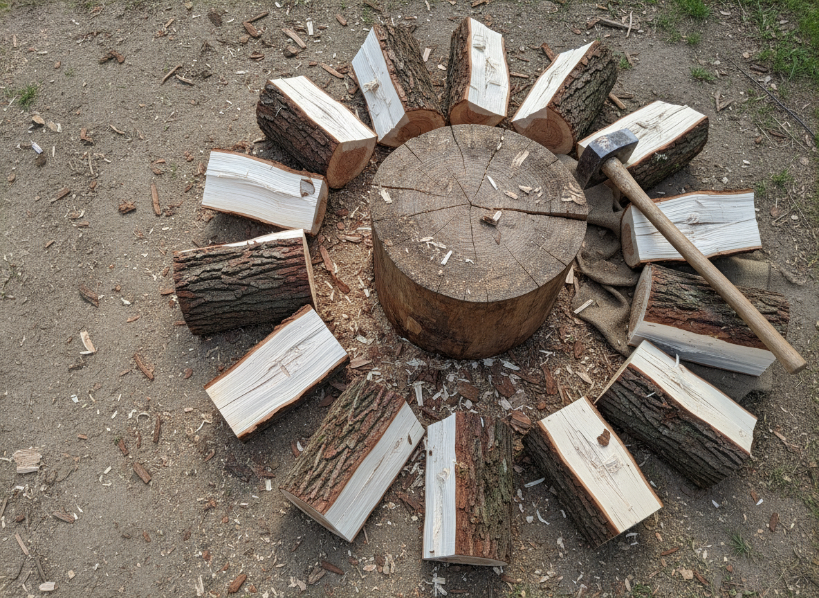 A detailed overhead shot of a work area where premium firewood is being prepared, featuring a heavy-duty cutting block, a sharp splitting maul resting safely to the side, and several freshly split hardwood logs arranged in a semi-circle. The logs reveal bright, clean inner grain against rough, textured bark, with small wood chips scattered on the ground for authenticity. The surface beneath is compacted dirt and gravel typical of a rural Westbrookville yard. Diffused midday daylight provides even, natural illumination with soft, minimal shadows, highlighting the craftsmanship and care involved. The composition is centered with clear negative space along one edge for potential text or logo placement, rendered in crisp photographic realism with a professional, hardworking atmosphere.