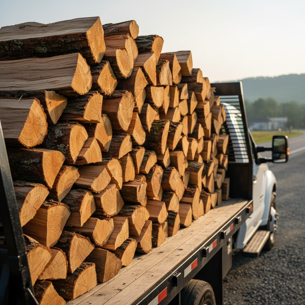 A close-up, highly detailed view of premium split firewood logs loaded in the back of a clean flatbed truck, the wood stacked generously but neatly to showcase volume and quality. Each piece displays fresh cut ends in warm golden-brown hues, with rugged bark textures along the sides. The truck is parked on a rural roadside with distant, softly blurred Westbrookville trees and low hills. Early morning light creates soft, angled highlights on the log ends and subtle shadow pockets between pieces. Shot from a low, side-on perspective focusing sharply on the nearest logs, with the truck and landscape falling into gentle bokeh. The mood is professional yet down-to-earth, ideal for illustrating delivery services.