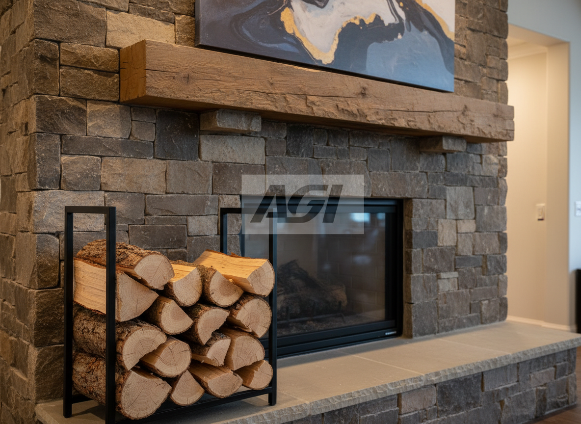 An indoor scene showing a stone-front fireplace with a small, neatly arranged stack of premium firewood in a simple metal holder beside the hearth, clearly ready for use. Each log is cleanly split, with smooth, light-colored ends and darker bark wrapping the sides. The firebox is empty to keep focus on the wood, while a subtle, abstract wall art piece above the mantle leaves room for branding or a logo overlay. Warm indoor lighting from recessed ceiling fixtures softly illuminates the scene, creating gentle reflections on the stone and subtle highlights on the wood grain. Captured from a slightly elevated, three-quarter view with moderate depth of field, the mood is professional yet cozy, ideal for showcasing the end use of quality firewood.